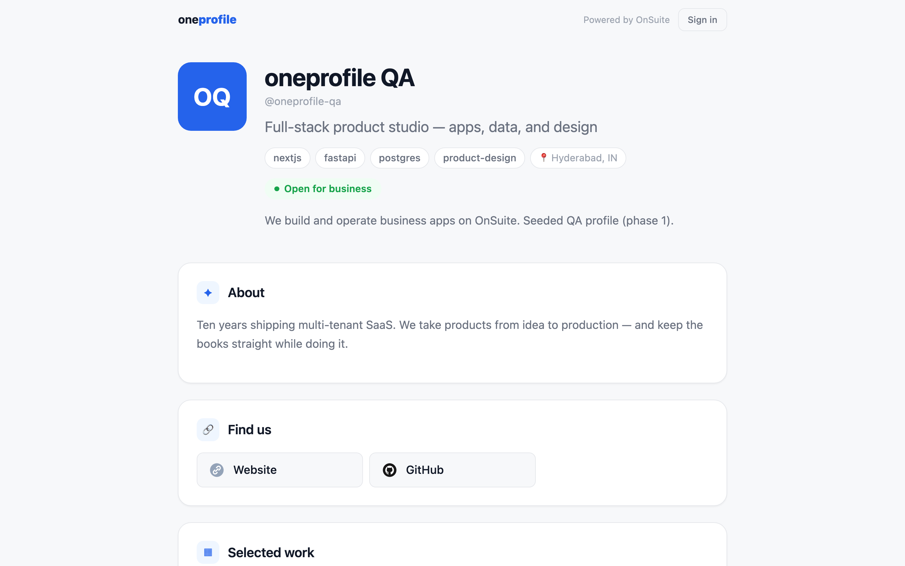 The public landing page for @oneprofile-qa: hero with skills and an Open for business badge, then About and Find us blocks with branded link chips