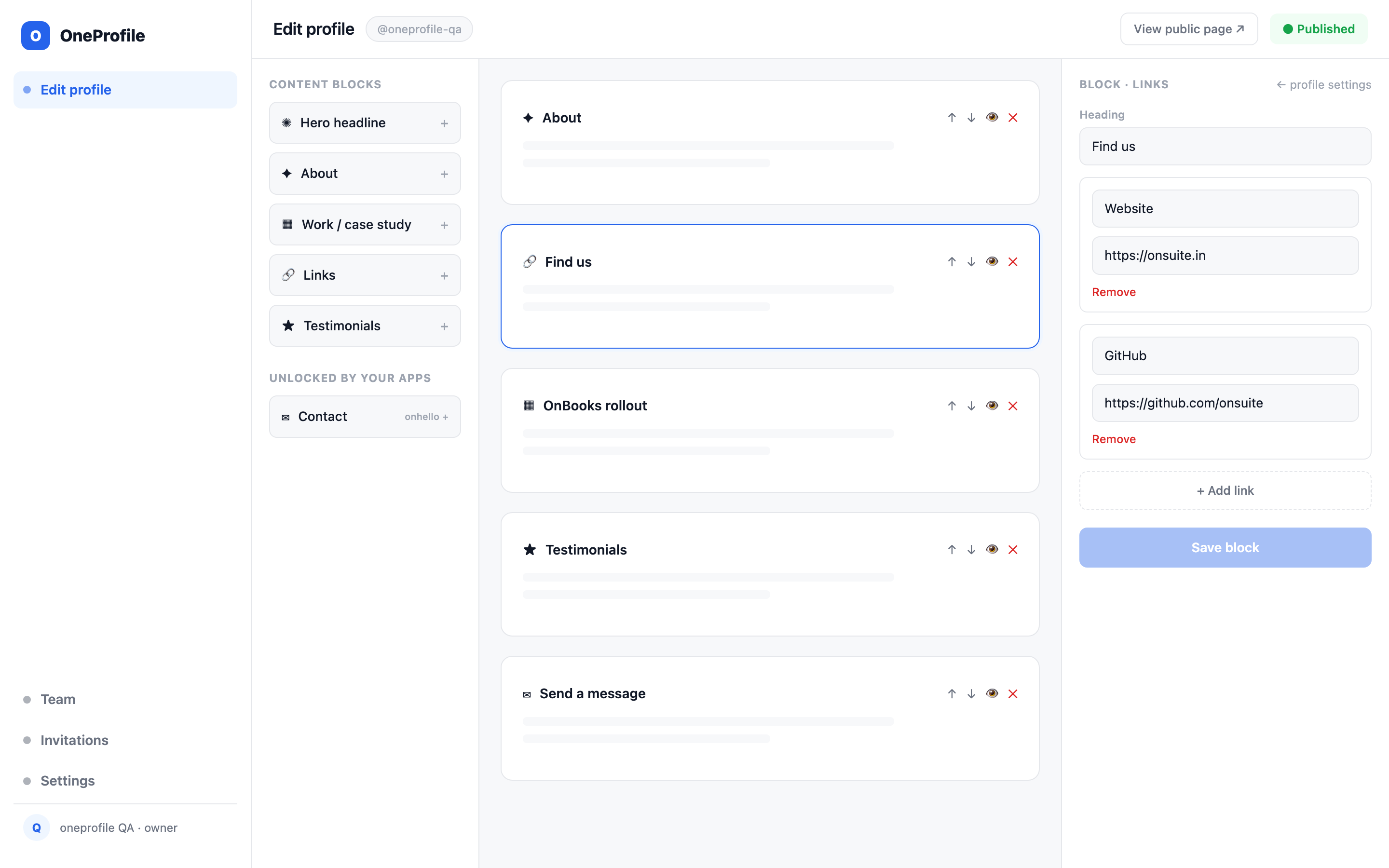 The profile editor: block palette, canvas of reorderable blocks, and the Links block settings, with a Published toggle