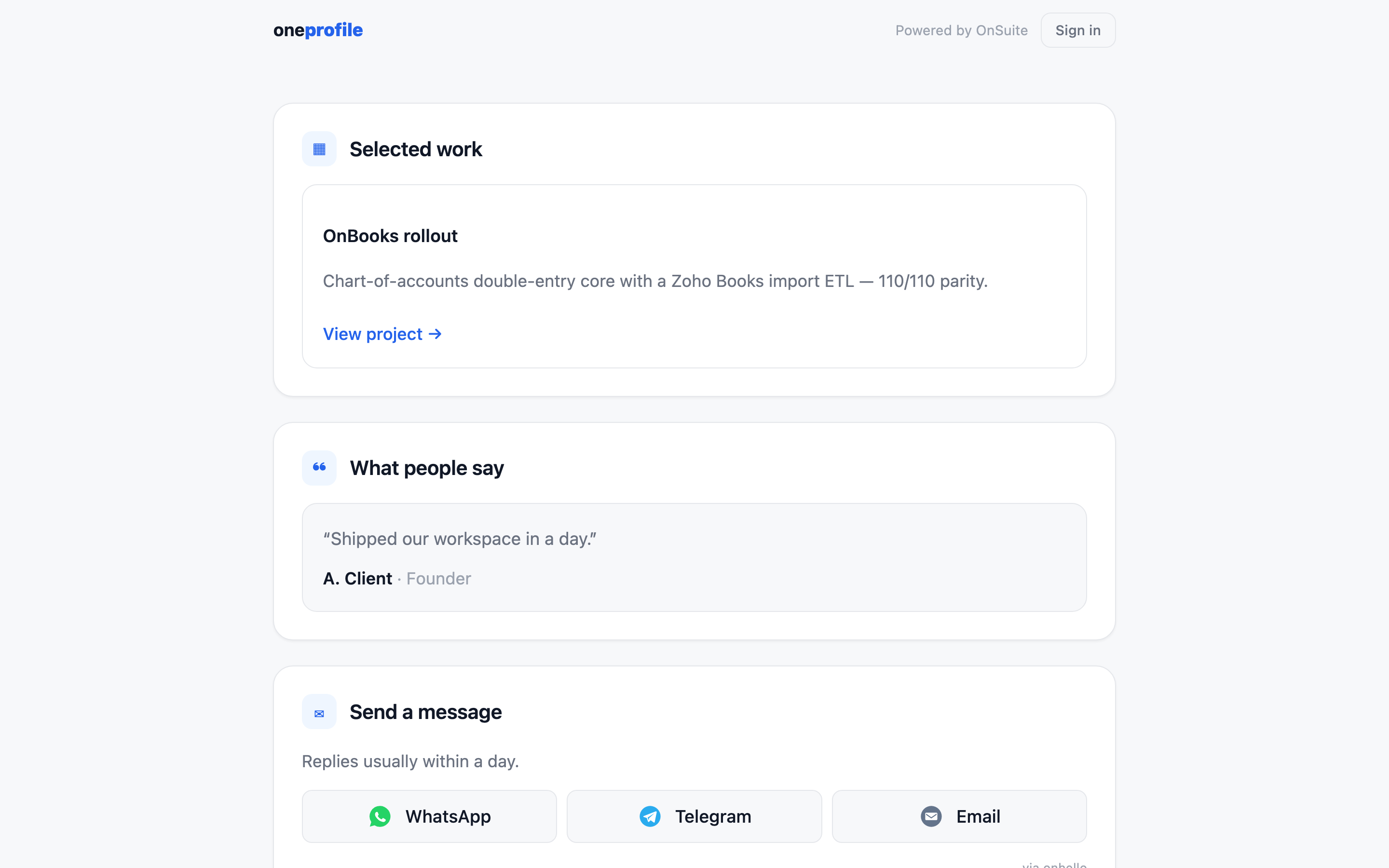 The lower public page: a Selected work card, a testimonial, and the onhello contact block with WhatsApp, Telegram and Email